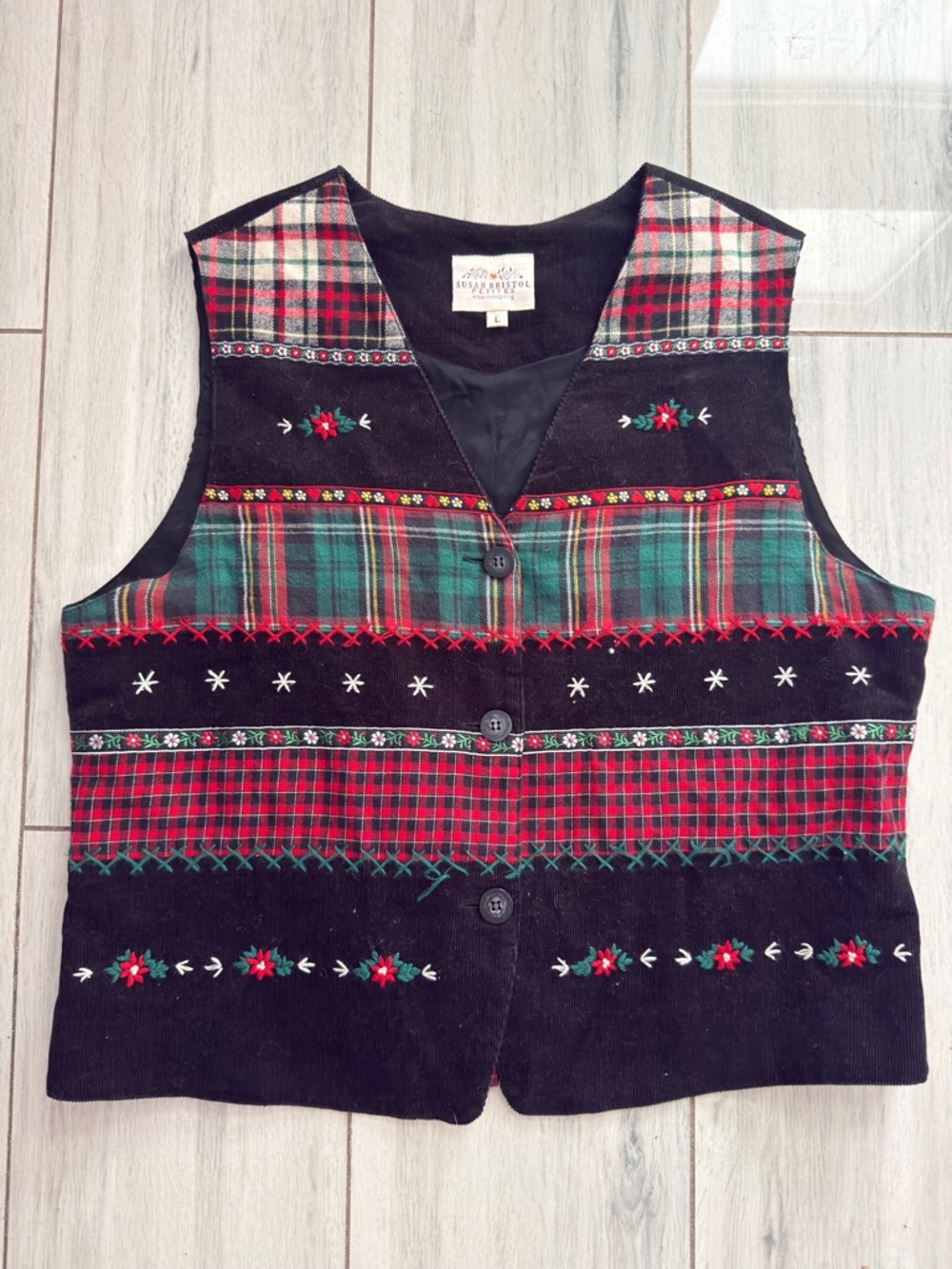 Vintage 90s Susan Bristol Women Plaid Corduroy Patchwork Holiday Vest